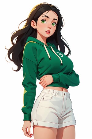 Centered image, full height, masterpiece, standing, 1 woman, sexy body, big breasts, (green sweatshirt), white shorts, black hair, green eyes, long hair, (white background, plain background: 1.2 ),