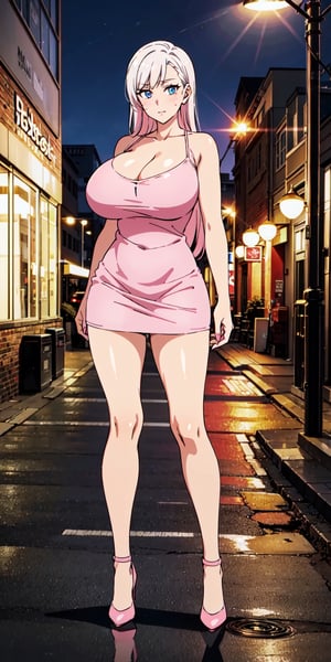 Female character, white hair, big cleavage, ((huge breasts)), standing in the middle of the street, looking at the viewer, large buildings in the background, sexy, high definition, prominent lighting, contrasting with the bright colors of the painting, (( pink short dress)), ((pink high heels)), long legs, long hair, bright blue eyes, highly detailed, octane rendering, heavy strokes, bristle marks, soft colors, fit girl, sexy legs, full view, ((full body ))