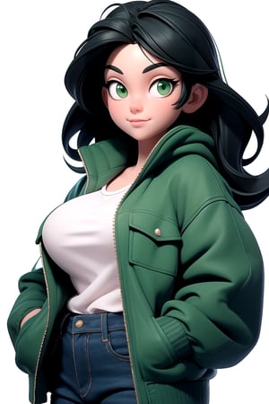 Centered in the image, Front, looking at the viewer, green eyes, black hair, giant breasts, with a beautiful green school jacket, hands in pockets, (white background: 1.2), (simple background), | 3DMM