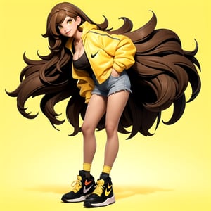From the front, looking at the viewer, full body, honey eyes, (light brown hair), cleavage, giant breasts, (yellow university jacket), ripped jeans, (yellow Nike sneakers), hands in pockets, (white background: 1.2), (simple background), | 3DMM