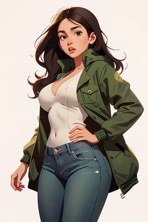 Centered image, full height, masterpiece, standing, 1 woman, sexy body, large breasts, (green jacket), (jeans), white (dress blouse), black hair, brown eyes, long hair, ( white background, plain background: 1.2),