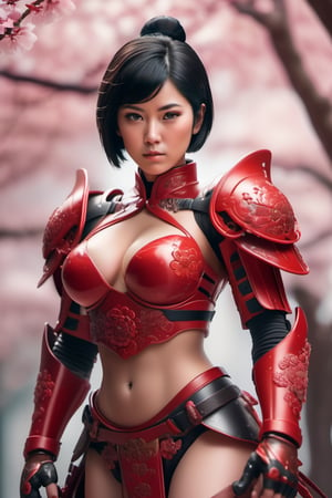 A beautiful woman with short black hair, dressed in red samurai armor, large breasts, scarlet red eyes, with sakura flower in the background, soft lighting, finely detailed features, intricate brushstrokes, beautiful lighting, cinematic, color gradation, depth field, intricate details, Unreal Engine, Character Concept Art, creative, expressive, stylized anatomy, digital art, 3D rendering, unique, award-winning, Adobe Photoshop, 3D Studio Max, well-developed concept, distinct personality, consistent style, HW