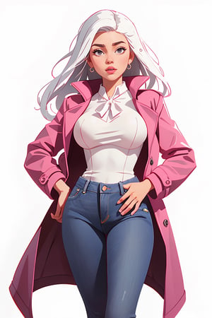 Centered image, full height, masterpiece, standing, 1 woman, sexy body, big breasts, (pink coat), (jeans), white (dress blouse), white hair, gray eyes, long hair, ( white background, plain background: 1.2),