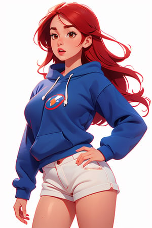 Centered, full height, masterpiece, standing image, 1 woman, sexy body, big breasts, (blue sweatshirt), white shorts, red hair, brown eyes, long hair, (white background, plain background: 1.2 ),