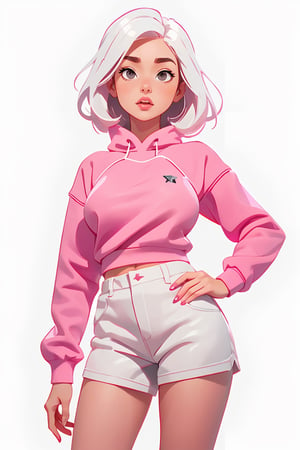 Centered image, full height, masterpiece, standing, 1 woman, sexy body, big breasts, (pink sweatshirt), white shorts, white hair, gray eyes, long hair, (white background, simple background: 1.2 )
