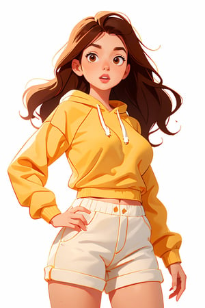Centered image, full height, masterpiece, standing, 1 woman, sexy body, big breasts, (yellow sweatshirt), white shorts, brown hair, brown eyes, long hair, (white background, plain background: 1.2 )