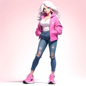 From the front, looking at the viewer, full body, turquoise eyes, (white hair), cleavage, giant breasts, (pink university jacket), ripped jeans, pink Nike sneakers, hands in pockets, (white background: 1.2), ( simple background), | 3DMM