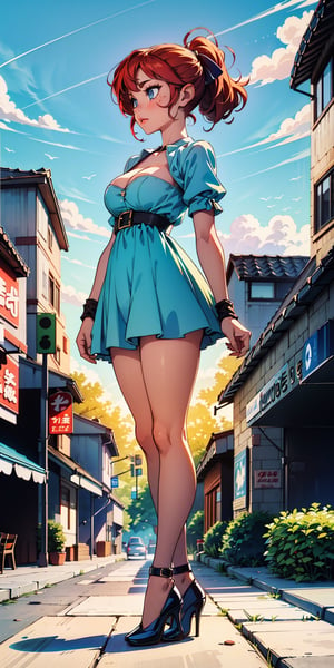 Female character, red hair, large cleavage, ((large breasts)), standing in the middle of the street, large buildings in the background, sexy, high definition, prominent lighting, contrasting with the bright colors of the painting, ((short blue dress)) , ((blue high heels)), long legs, long hair, ponytail, twin tail hair, bright blue eyes, highly detailed, octane rendering, heavy strokes, bristle marks, soft colors, fit girl, legs sensual, full view, ((full body)),