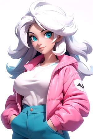 From the front, looking at the viewer, turquoise eyes, white hair, giant breasts, with a beautiful long pink high_school_girl, hands in pockets, (white background:1.2), (simple background), | 3DMM
