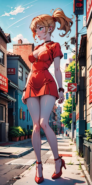 Female character, blonde hair, big cleavage, big breasts, standing in the middle of the street, big buildings in the background, sexy, high definition, accent lighting, contrasted with bright paint colors, ((red short dress)), ((heels tall red)), long legs, long hair, ponytail, twin tail hair, bright blue eyes, highly detailed, octane rendering, heavy strokes, bristle marks, soft colors, fit girl, sexy legs, full view , ((full body)),