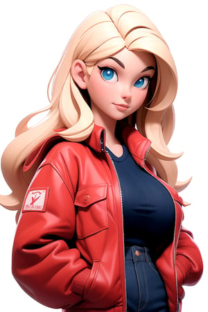 From the front, looking at the viewer, blue eyes, blonde hair, giant breasts, with a beautiful red schoolgirl jacket, hands in pockets, (white background:1.2), (simple background), | 3DMM