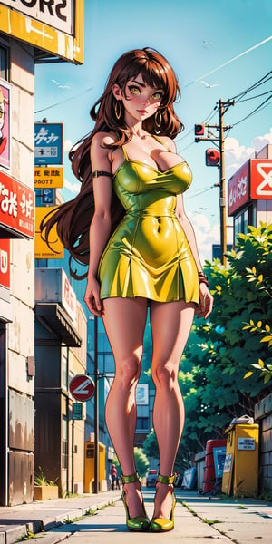 Female character, brown hair, big cleavage, ((huge breasts)), standing in the middle of the street, looking at the viewer, large buildings in the background, sexy, high definition, prominent lighting, contrasting with the bright colors of the painting, (( yellow short dress)), ((yellow high heels)), long legs, long hair, bright yellow eyes, highly detailed, octane rendering, heavy strokes, bristle marks, soft colors, fit girl, sexy legs, full view, ((full body ))