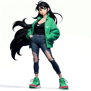 From the front, looking at the viewer, full body, green eyes, (black hair), cleavage, giant breasts, (green university jacket), ripped jeans, (green Nike sneakers), hands in pockets, (white background: 1.2) , (simple background), | 3DMM