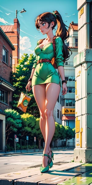 Female character, black hair, big cleavage, big breasts, standing in the middle of the street, large buildings in the background, sexy, high definition, prominent lighting, contrasting with the bright colors of the painting, ((short green dress)), ((heels green tall)), long legs, long hair, ponytail, twin tail hair, bright blue eyes, highly detailed, octane rendering, heavy strokes, bristle marks, soft colors, fit girl, sexy legs, full view , ((full body )),