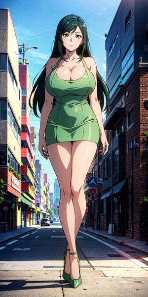 Female character, black hair, big cleavage, ((huge breasts)), standing in the middle of the street, looking at the viewer, large buildings in the background, sexy, high definition, prominent lighting, contrasting with the bright colors of the painting, (( green short dress)), ((green high heels)), long legs, long hair, bright green eyes, highly detailed, octane rendering, heavy strokes, bristle marks, soft colors, fit girl, sexy legs, full view, ((full body ))