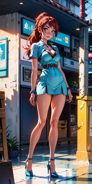 Female character, red hair, large cleavage, ((large breasts)), standing in the middle of the street, looking at the viewer, large buildings in the background, sexy, high definition, prominent lighting, contrasting with the bright colors of the painting, (( blue short dress)), ((blue high heels)), long legs, long hair, ponytail, double tail hair, bright blue eyes, highly detailed, octane rendering, heavy strokes, bristle marks, soft colors, fit girl, sexy legs, full view, ((full body)),