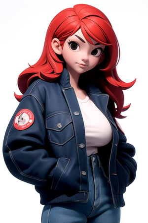 Centered in the image, Front, looking at the viewer, black eyes, red hair, giant breasts, with a beautiful blue school jacket, hands in pockets, (white background: 1.2), (simple background), | 3DMM