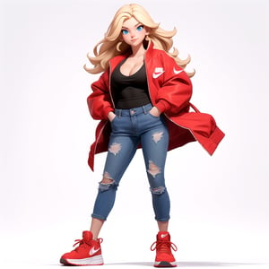 From the front, looking at the viewer, full body, blue eyes, (blonde hair), cleavage, giant breasts, (red university jacket), ripped jeans, red Nike sneakers, hands in pockets, (white background: 1.2), ( simple background), | 3DMM