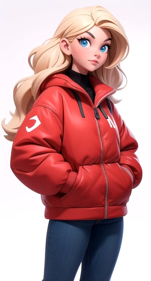 Blue eyes, blonde hair in a modern city, with a beautiful long red high_school_girl, hands in pockets, | (white background:1.2), (simple background), | 3DMM
