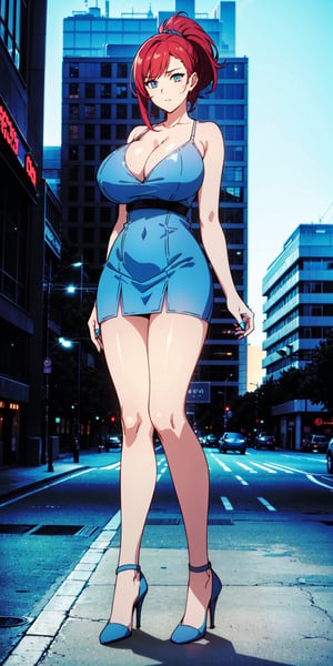 Female character, red hair, large cleavage, ((huge breasts)), standing in the middle of the street, looking at the viewer, large buildings in the background, sexy, high definition, prominent lighting, contrasting with the bright colors of the painting, (( blue short dress)), ((blue high heels)), long legs, long hair, ponytail, double tail hair, bright blue eyes, highly detailed, octane rendering, heavy strokes, bristle marks, soft colors, fit girl, sexy legs, full view, ((full body))