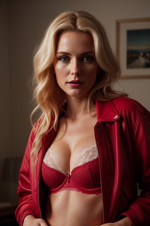 Photograph of a woman in her 30s, blonde hair, masterpiece, bra, underwear, red bra, jacket, red panties
,photorealistic, analog, realism.
