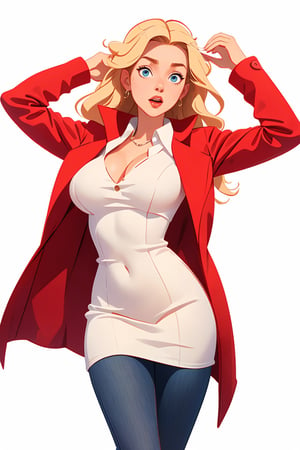Centered image, full height, masterpiece, standing, 1 woman, sexy body, big breasts, (red coat), (jeans), white (dress blouse), blonde hair, blue eyes, long hair, ( white background, plain background: 1.2),