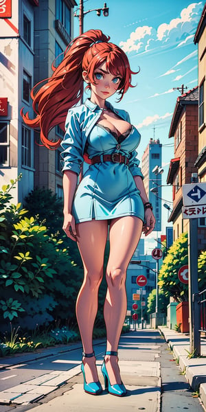 Female character, red hair, large cleavage, ((huge breasts)), standing in the middle of the street, looking at the viewer, large buildings in the background, sexy, high definition, prominent lighting, contrasting with the bright colors of the painting, (( blue short dress)), ((blue high heels)), long legs, long hair, ponytail, double tail hair, bright blue eyes, highly detailed, octane rendering, heavy strokes, bristle marks, soft colors, fit girl, sexy legs, full view, ((full body)),