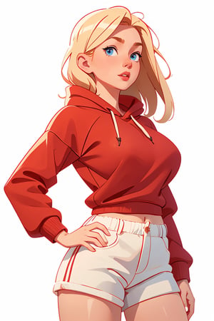 Centered image, full height, masterpiece, standing, 1 woman, sexy body, big breasts, (red sweatshirt), white shorts, blonde hair, blue eyes, long hair, (white background, simple background: 1.2 ),
