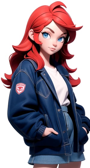 Blue eyes, red hair in a modern city and wearing blue school uniform with a beautiful long high_school_girl, hands in pockets, | (white background:1.2), (simple background), | 3DMM