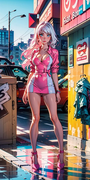 Female character, white hair, big cleavage, ((huge breasts)), standing in the middle of the street, looking at the viewer, large buildings in the background, sexy, high definition, prominent lighting, contrasting with the bright colors of the painting, (( pink short dress)), ((pink high heels)), long legs, long hair, bright blue eyes, highly detailed, octane rendering, heavy strokes, bristle marks, soft colors, fit girl, sexy legs, full view, ((full body ))