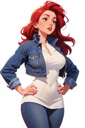 Centered image, full height, masterpiece, standing, 1 woman, sexy body, big breasts, (blue jacket), (jeans), white (dress blouse), red hair, brown eyes, long hair, ( white background, plain background: 1.2),