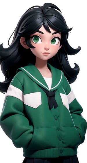 Green eyes, black hair in a modern city and wearing green school uniform, with a beautiful long high_school_girl, hands in pockets, | (white background:1.2), (simple background), | 3DMM