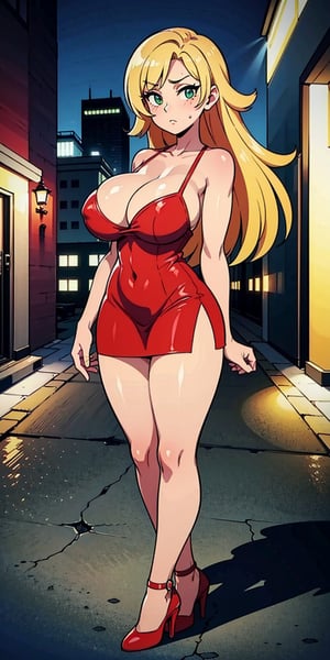 Female character, blonde hair, big cleavage, ((huge breasts)), standing in the middle of the street, looking at the viewer, large buildings in the background, sexy, high definition, prominent lighting, contrasting with the bright colors of the painting, (( red short dress)), ((red high heels)), long legs, long hair, bright green eyes, highly detailed, octane rendering, heavy strokes, bristle marks, soft colors, fit girl, sexy legs, full view, ((full body ))