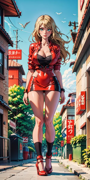 Female character, blonde hair, big cleavage, ((huge breasts)), standing in the middle of the street, looking at the viewer, large buildings in the background, sexy, high definition, prominent lighting, contrasting with the bright colors of the painting, (( red short dress)), ((red high heels)), long legs, long hair, bright green eyes, highly detailed, octane rendering, heavy strokes, bristle marks, soft colors, fit girl, sexy legs, full view , ((full body )),