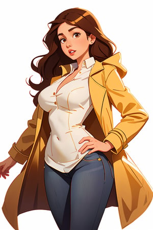 Centered image, full height, masterpiece, standing, 1 woman, sexy body, large breasts, (yellow coat), (jeans), white (dress blouse), brown hair, brown eyes, long hair, ( white background, plain background: 1.2),