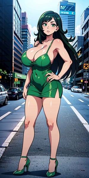 Female character, black hair, big cleavage, ((huge breasts)), standing in the middle of the street, looking at the viewer, large buildings in the background, sexy, high definition, prominent lighting, contrasting with the bright colors of the painting, (( green short dress)), ((green high heels)), long legs, long hair, bright green eyes, highly detailed, octane rendering, heavy strokes, bristle marks, soft colors, fit girl, sexy legs, full view, ((full body ))
