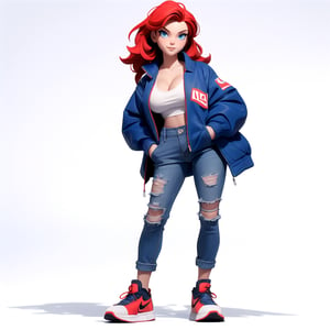 From the front, looking at the viewer, full body, blue eyes, (red hair), cleavage, giant breasts, (blue university jacket), ripped jeans, blue Nike sneakers, hands in pockets, (white background: 1.2), ( simple background), | 3DMM