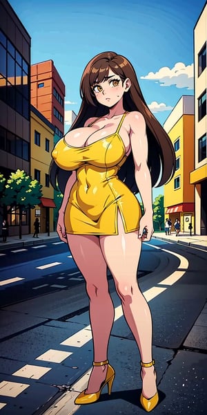 Female character, light brown hair, large cleavage, ((huge breasts)), standing in the middle of the street, looking at the viewer, large buildings in the background, sexy, high definition, prominent lighting, contrasting with the bright colors of the painting, ((yellow short dress)), ((yellow high heels)), long legs, long hair, bright brown eyes, highly detailed, octane rendering, heavy strokes, bristle marks, soft colors, fit girl, sexy legs, full view, ((full body))