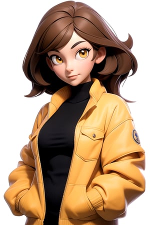 Centered in the image, Front, looking at the viewer, honey eyes, light brown hair, giant breasts, with a beautiful yellow school jacket, hands in pockets, (white background: 1.2), (simple background), | 3DMM