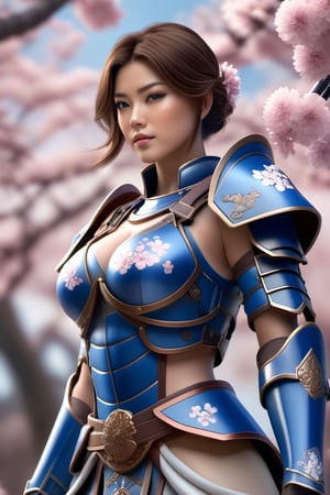 A beautiful woman with short brown hair, dressed in blue samurai armor, large breasts, blue eyes, with sakura flower in the background, soft lighting, finely detailed features, intricate brushstrokes, beautiful lighting, cinematic, color gradation, depth of field, intricate details, Unreal Engine, Character Concept Art, creative, expressive, stylized anatomy, digital art, 3D rendering, unique, award-winning, Adobe Photoshop, 3D Studio Max, well-developed concept, distinct personality, consistent style, HW