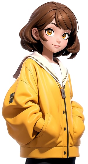 Honey eyes, light brown hair in a modern city and wearing yellow school uniform, with a beautiful long high_school_girl, hands in pockets, | (white background:1.2), (simple background), | 3DMM