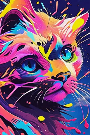 extreme quality, cg, detailed face+eyes, (bright colors), splashes of color background, colors mashing, paint splatter, complimentary colors, electric, neon, magical, (thunder cat), impatient, (limited palette), synththwave, masterpiece, fine art, tan skin, upperbody