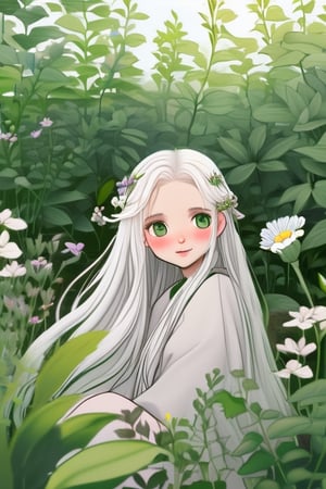 1girl with long white hair sitting in a field of green plants and flowers, 