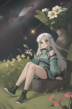 1girl with long white hair sitting in a field of green plants and flowers (space_style:0.6), cosmic outer space
,Style