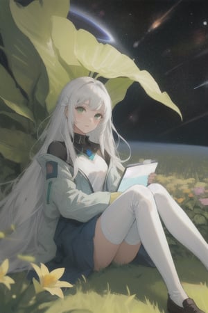 1girl with long white hair sitting in a field of green plants and flowers (space_style:0.6), cosmic outer space
