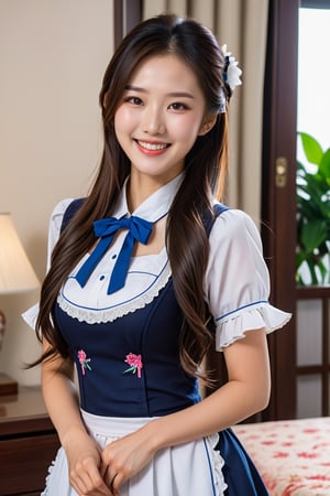 Chinese woman, (maid:0.8), long hair, laughy smile, fully clothed, fully dressed, curve, photo real, ultra high definition, UHD, ultra high resolution, ultra real,LinkGirl