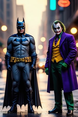 A combination of Batman and Joker, standing in the middle of Gotham city street, photorealistic, depth of field, bokeh, cinematic, masterpiece