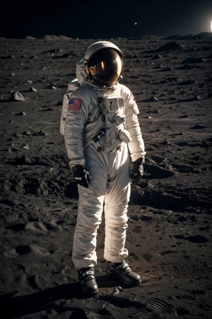 Full body photograph of an astronaut, fully suited up and helmeted, gazing out at the Earth from the surface of the moon, with the blackness of space as a backdrop, cinematic, masterpiece, best quality, high resolution