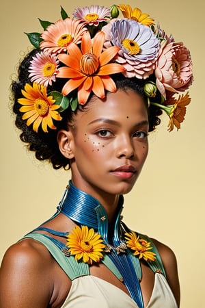 A random person with a head that is made of flowers, photo by James C. Leyendecker, Afrofuturism, studio portrait, dynamic pose, national geographic photo, retrofuturism, biomorphic, photo r3al