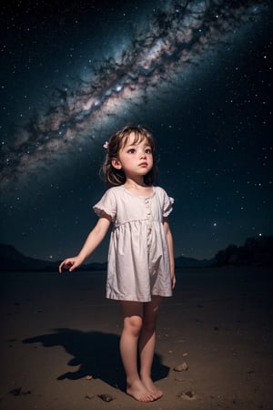 Full body portrait of a child, with wide, curious eyes, gazing up at a night sky filled with stars, their expression filled with wonder and awe